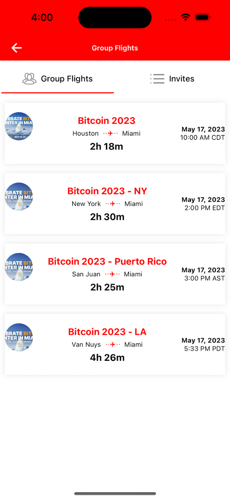 Fly Air - Une liste de vols privés de groupe programmés vers Miami dans l'interface de l'application Fly Air.