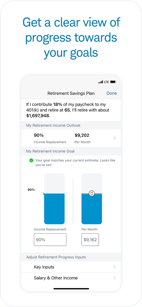 Schwab Workplace Retirement - Schwab app screen showing retirement income goals and progress tracking