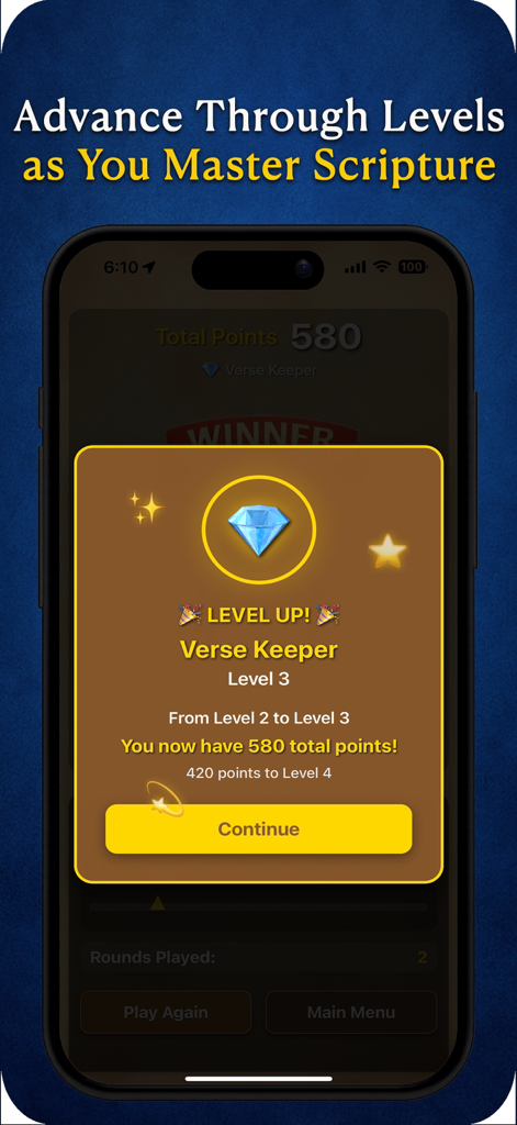 Verse Pursuit - Notificación de subir de nivel en el juego bíblico Verse Pursuit que muestra el rango de Guardián de Versículos y los puntos obtenidos