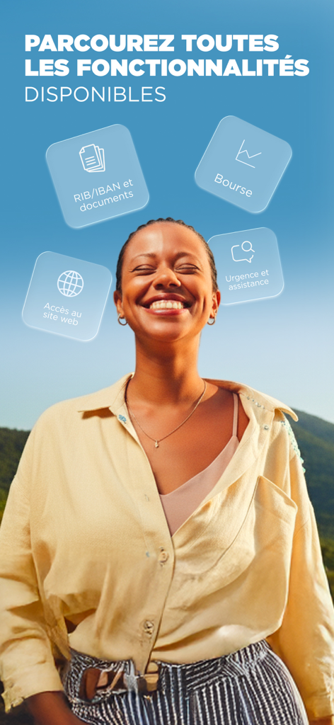 A smiling woman with floating icons representing CIC mobile app features like banking documents and stock market tools