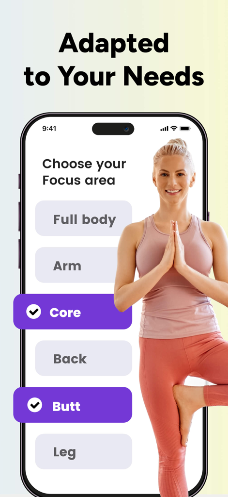 Yoga for Beginners, Pilates+ - Pantalla de smartphone que muestra la selección del área de enfoque en la aplicación Yoga para Principiantes con opciones para ejercicios de core y glúteos.