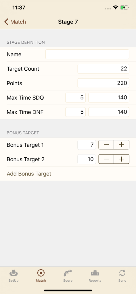 Match stage definition screen in the CAS Scoring app showing fields for target count and bonus targets
