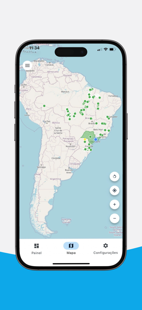 SMAC - SMACモバイルアプリが、ブラジルのローカライズされたデータポイントを持つ南米の天気監視マップを表示しています。