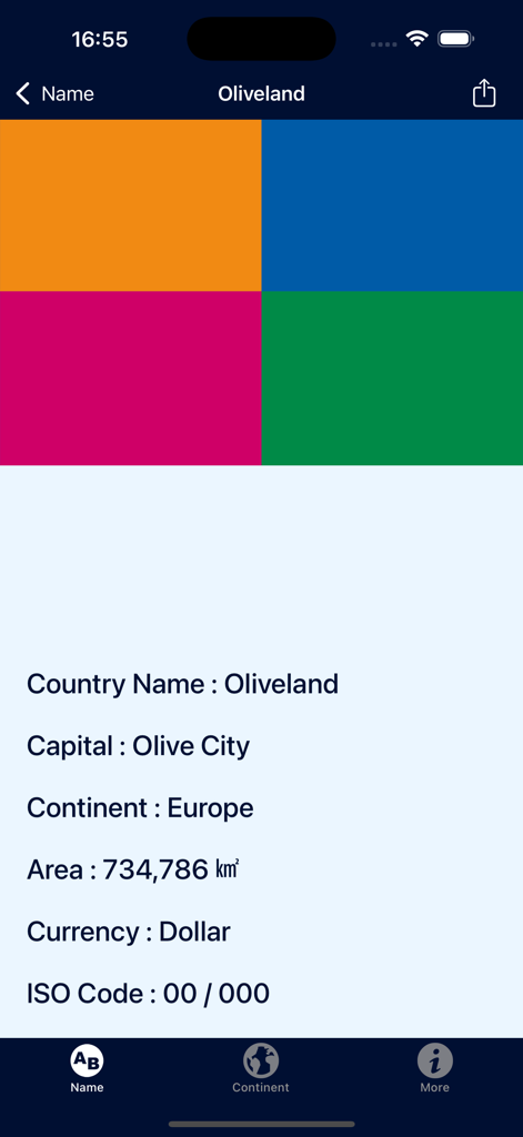 FlagDict: World Flags - A screen from the FlagDict app showing information for Oliveland including its four colored flag capital and currency