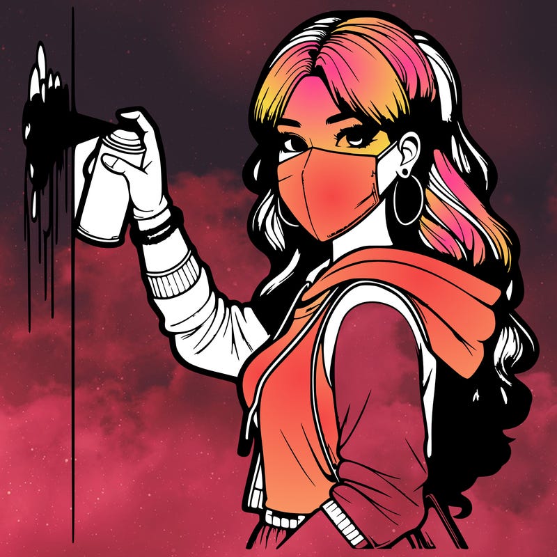 realistic girl with mask spray painting a wall