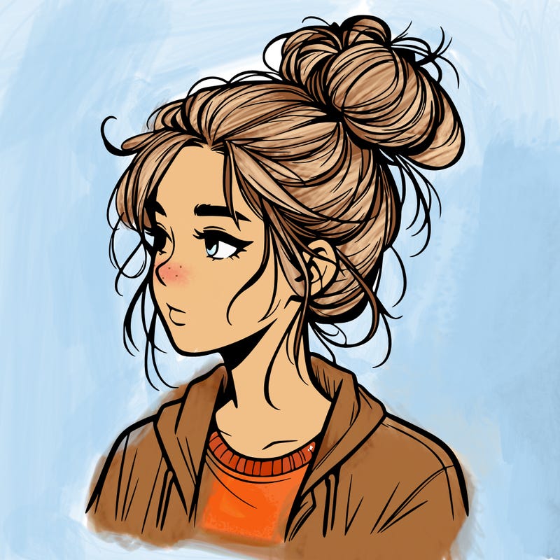 realistic teenage girl with a messy bun