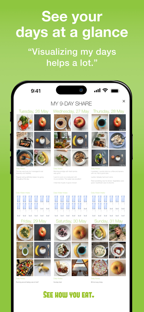 Food Diary See How You Eat Log - Un collage de resumen de comidas visual de 9 días en la aplicación de diario de comidas See How You Eat que muestra fotos de comidas saludables y seguimiento de agua.