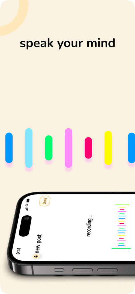 Hear Me Out - Social Audio - Hear Me Out app interface showing a voice recording with colorful audio waves and the text speak your mind.