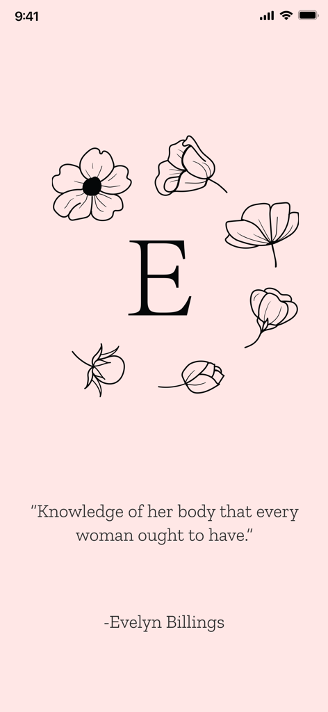 Tela de introdução do aplicativo Evelyn com uma citação sobre alfabetização corporal e arte de linha floral
