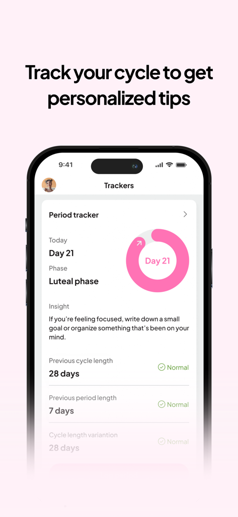 Cycle Diet - Cycle Diet mobile app period tracker interface showing luteal phase and personalized daily insights