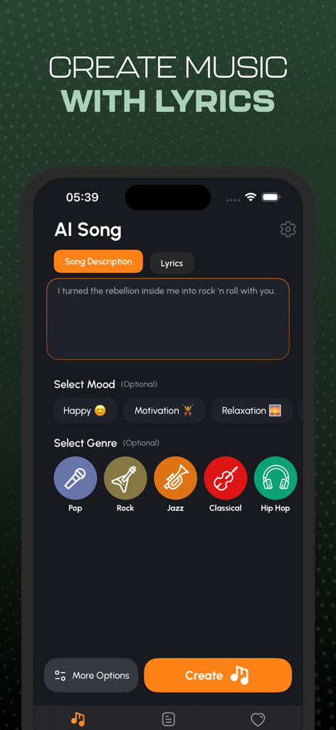 Interface of the AI Music Generator app for creating custom songs with lyrics, mood, and genre selection.