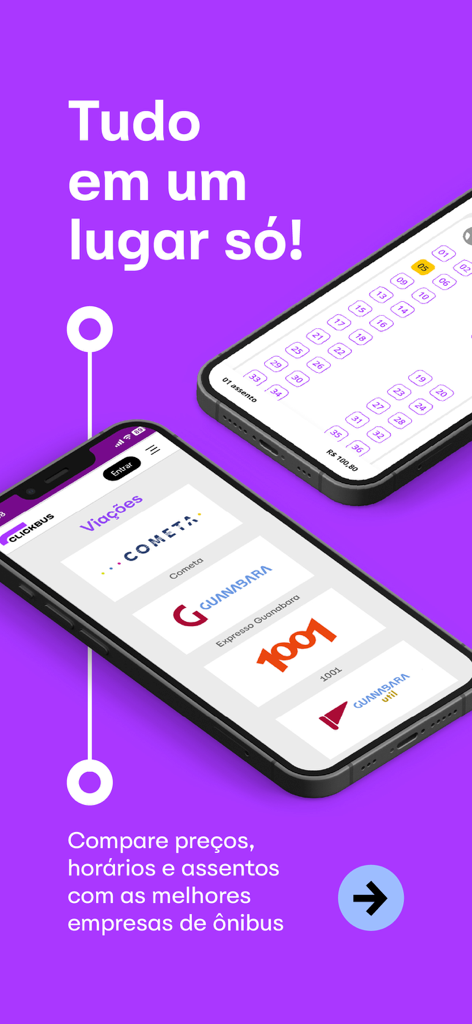ClickBus app screens showing bus company logos and a seat selection map for travel in Brazil