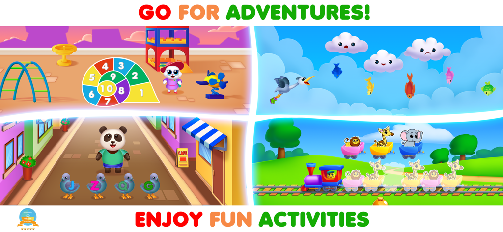 RMB Games: Pre K Learning Park - Four screenshots showing educational games for preschoolers including counting numbers, learning letters, and sorting animals