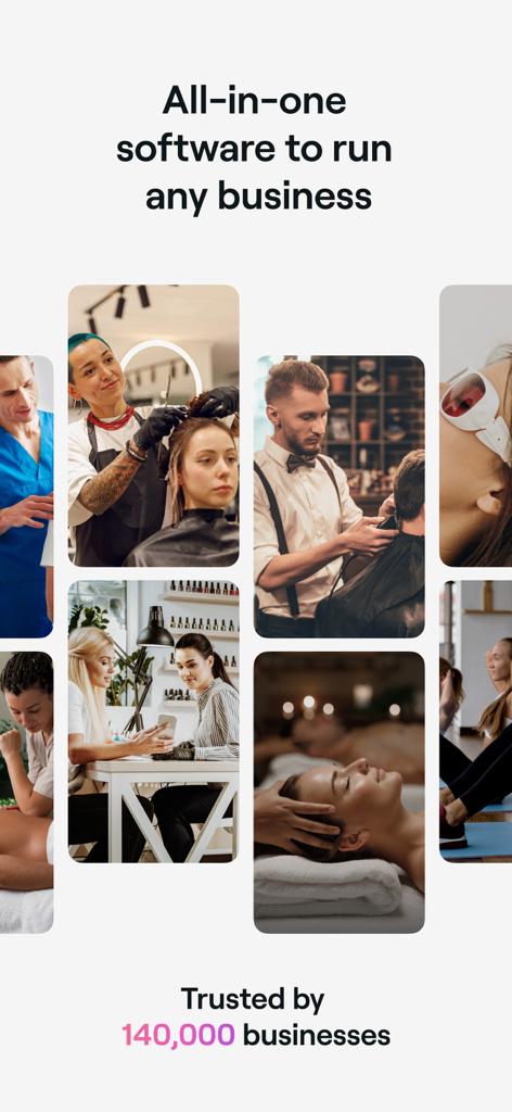 A collage showing various wellness and beauty professionals like barbers, hair stylists, and massage therapists using the Fresha all-in-one business software.