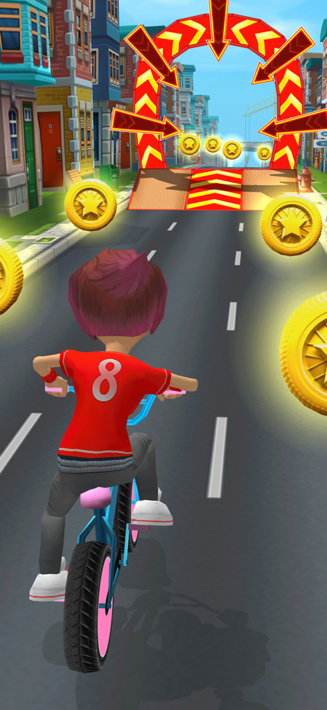 Un personaje montando una bicicleta BMX en una calle de la ciudad recogiendo monedas de oro y acercándose a una rampa en el juego Bike Racer.