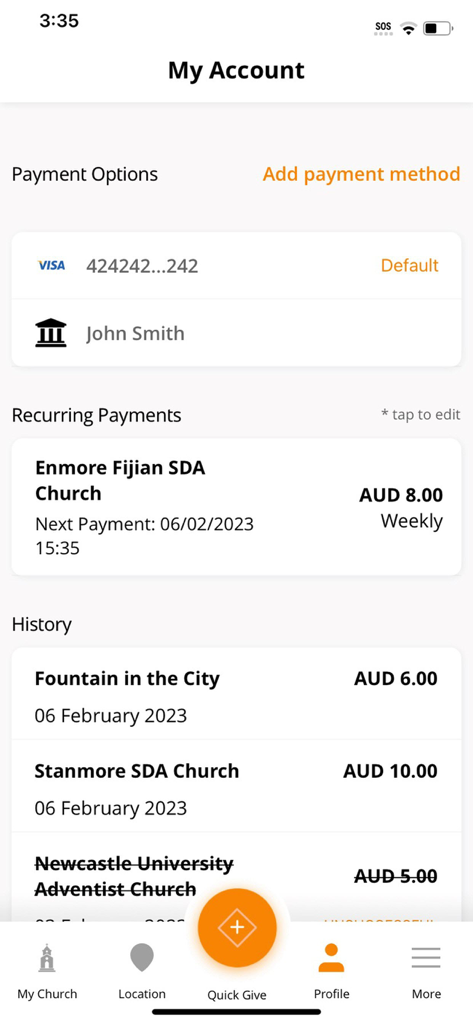eGiving app account screen showing payment methods recurring donations and transaction history for Seventh Day Adventist churches