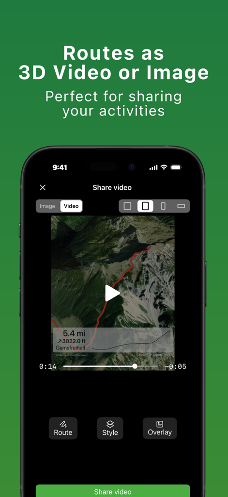 TouchTrails – Route Planner - Interfaz de la aplicación TouchTrails mostrando un video de ruta 3D de un sendero de montaña listo para compartir.