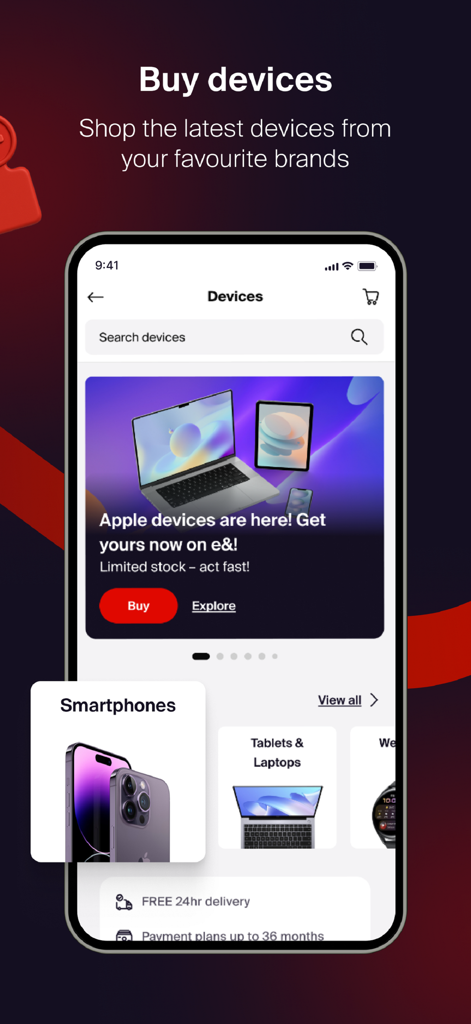 Una interfaz de aplicación móvil de e& UAE para comprar smartphones y electrónicos con información sobre planes de entrega y pago.