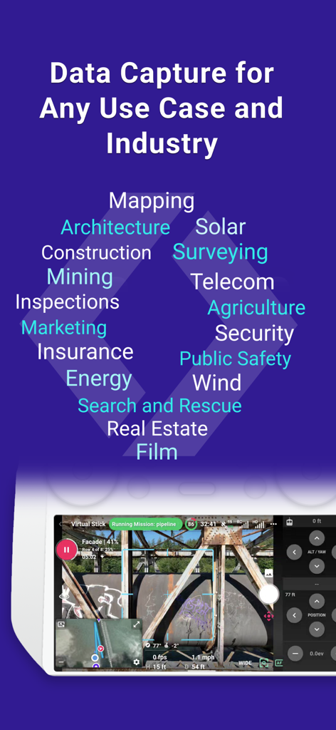 Professional drone flight app interface showing industrial use cases for data capture and a live inspection dashboard.