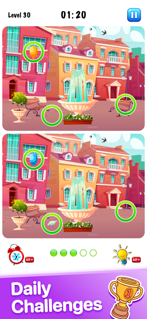 Find the Difference・spot games - Find the Difference game screen showing a city level with five circled differences and daily challenges banner