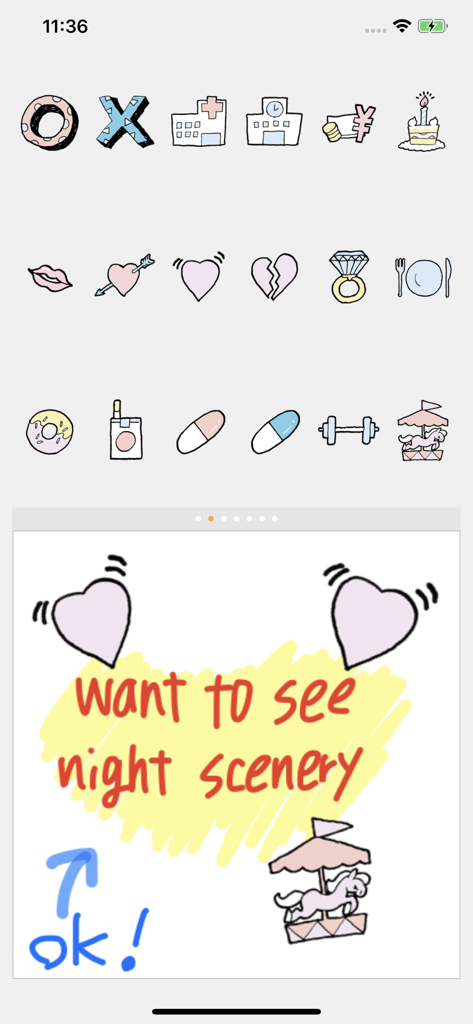 Eine Auswahl an bunten handgezeichneten Stempeln und eine handschriftliche Notiz in der Palu-App-Oberfläche.
