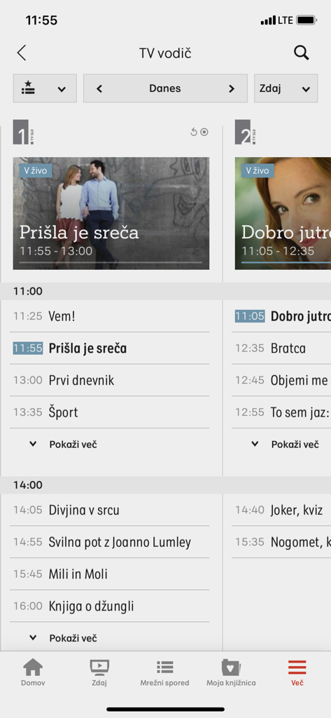 TV guide interface of the A1 Xplore TV Go app showing live Slovenian programs and a daily schedule