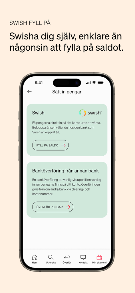 Marginalen Bank Privat - Mobile app screen showing Swish deposit and bank transfer options for Marginalen Bank Privat
