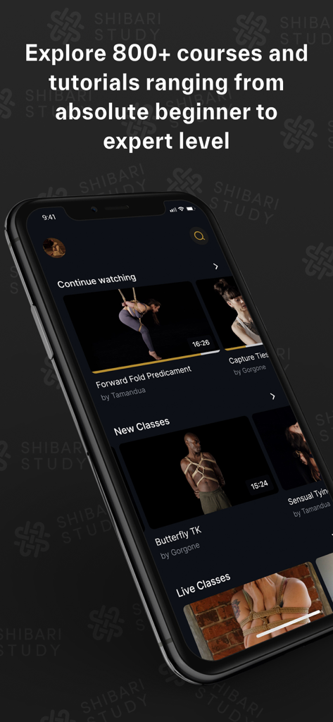 iPhone mostrando a interface do aplicativo Shibari Study com uma biblioteca de tutoriais de arte com corda e cursos educacionais.