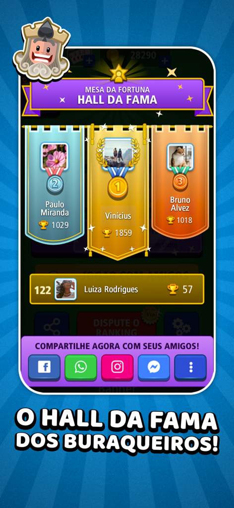 Buraco Jogatina: Jogo de Carta - Buraco Jogatina app screen showing the Hall of Fame leaderboard with top ranked players and social media sharing options.