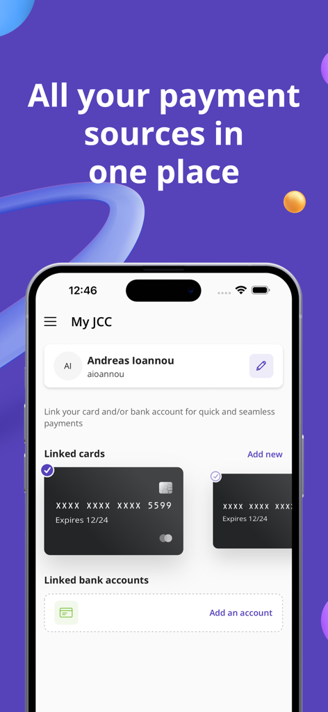 JCCsmart - JCCsmart app screen showing a user profile with linked credit cards and bank accounts.