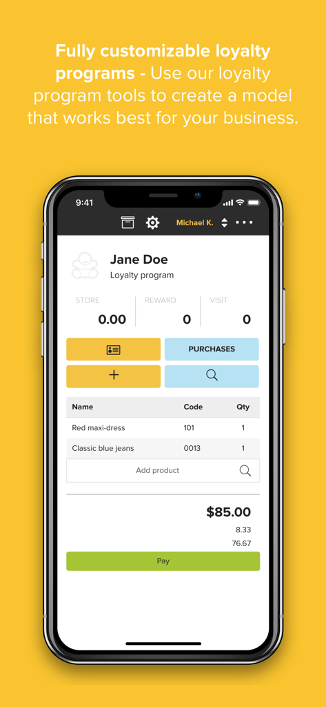 Point of Sale (POS) - Erply Point of Sale mobile app loyalty program and checkout screen