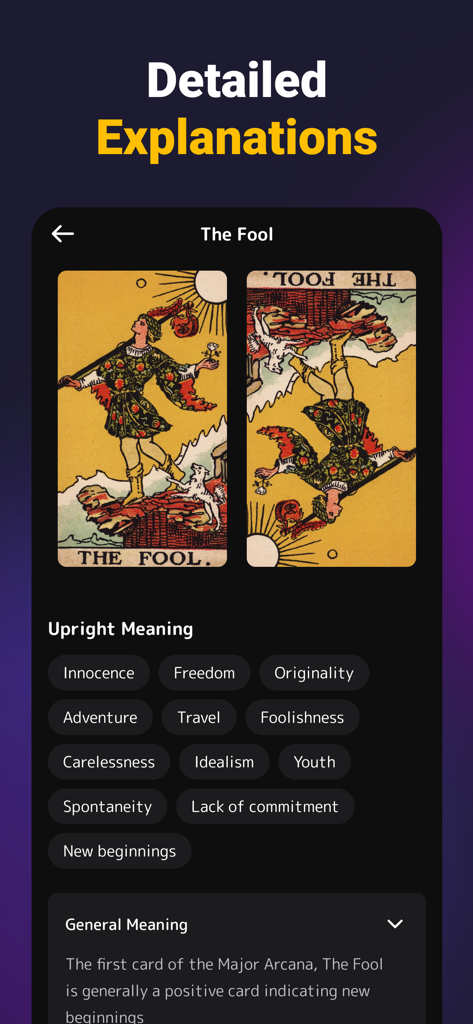 Tarot Card Reading and Meaning - Explicación detallada de la carta del tarot de El Loco, que muestra los significados derechos y la imaginería en la aplicación