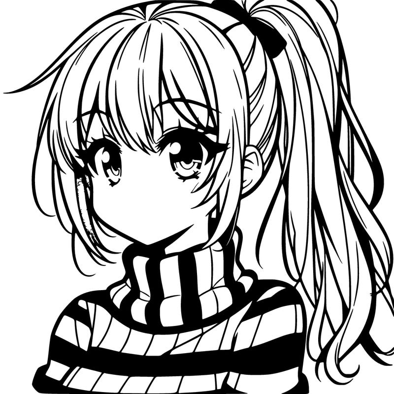anima girl with high ponytail and striped turtle neck