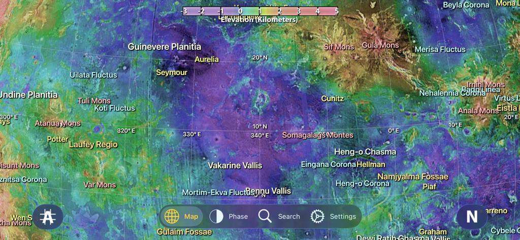 Venus Atlas - 地質学的ラベルと標高スケール付きの金星地形マップ。