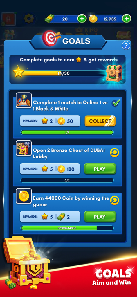 Carrom King app goals screen showing missions and rewards like coins and chests