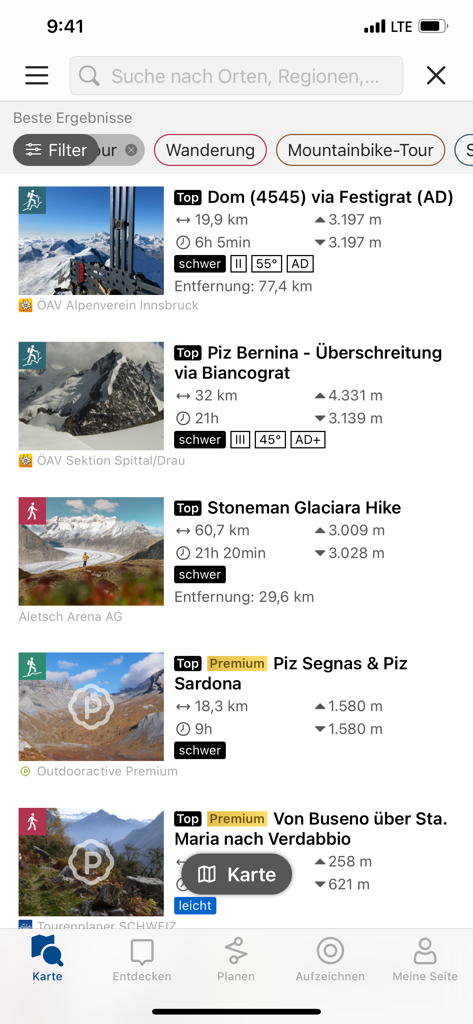 Tourenplaner SCHWEIZ - Benutzeroberfläche der Tourenplaner SCHWEIZ App, die eine Liste von Premium-Wander- und Bergtouren in den Schweizer Alpen zeigt