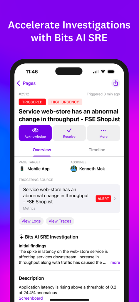 Interfaccia dell'app mobile Datadog per indagini sugli incidenti potenziate dall'IA e avvisi di throughput.