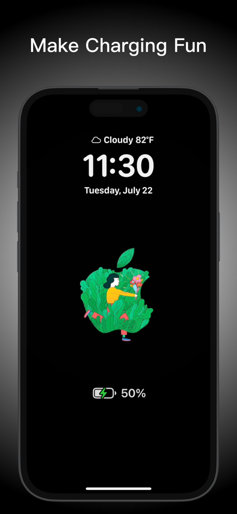 Charging Animation Lite - Tela de bloqueio do iPhone mostrando uma animação de carregamento personalizada com tema de natureza e uma pessoa dentro de um logotipo da Apple.
