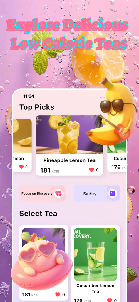 Cagic app interface showing low calorie fruit tea recipes including pineapple lemon tea and cucumber lemon tea