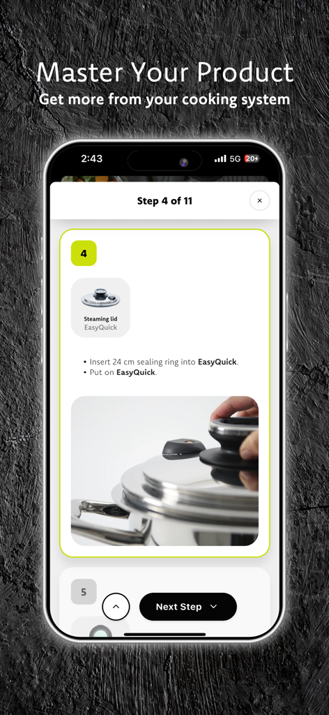 AbyAMC Cook & Go - Step by step guided cooking instructions on the AbyAMC Cook and Go mobile app showing how to use the steaming lid