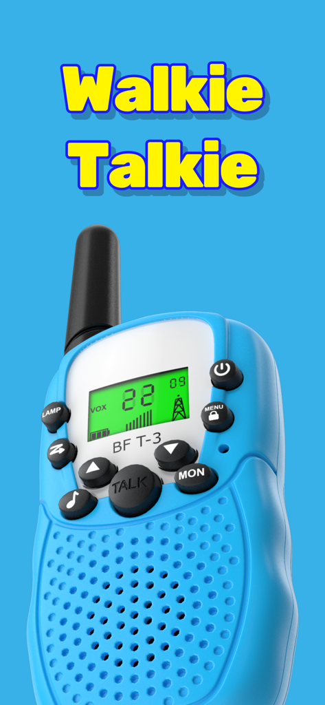 Walkie Talkie Intercom App - Une interface de talkie-walkie numérique bleu vif avec du texte en 3D jaune indiquant Walkie Talkie