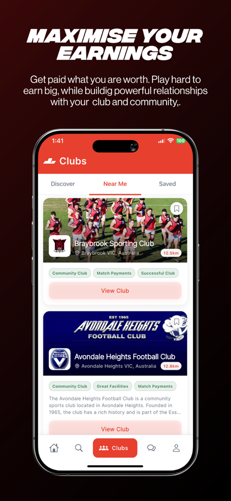 Interface do aplicativo Trainstop mostrando uma lista de clubes esportivos próximos para recrutamento de atletas e oportunidades de match.