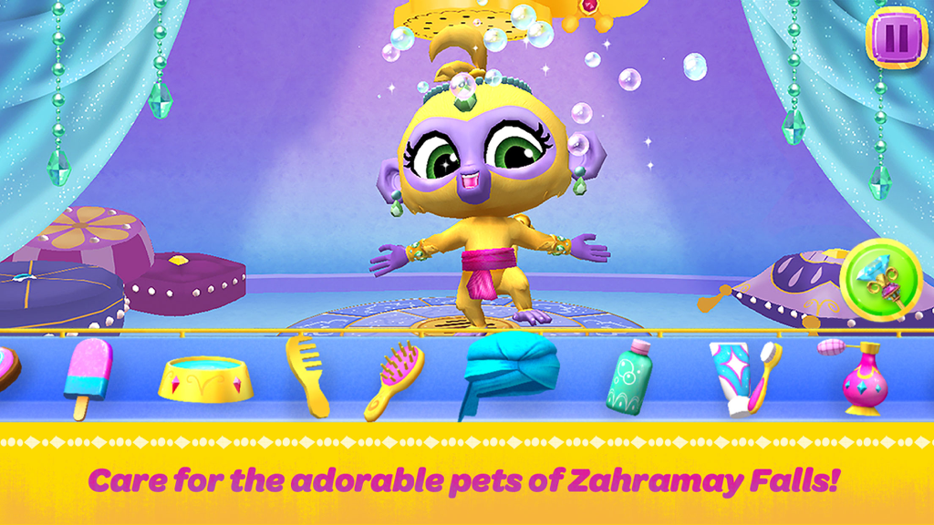 Shimmer and Shine: Genie Games - A screenshot of Shimmer and Shine: Genie Games showing the pet care activity where players groom Tala the monkey.