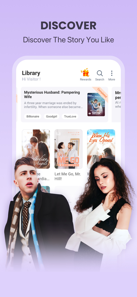 Webfic app screen showing a library of trending romance and drama web novels for mobile reading