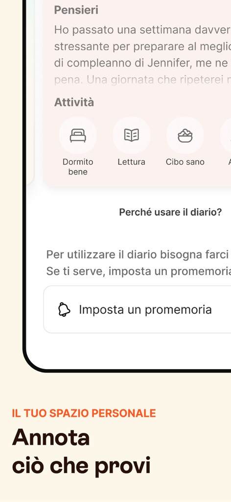 Unobravo - Psicologo online - 思考、睡眠や健康的な食事などのアクティビティ追跡アイコン、感情のジャーナリングのための個人的なスペースを備えた心理日記機能を示すUnobravoアプリのスクリーンショット