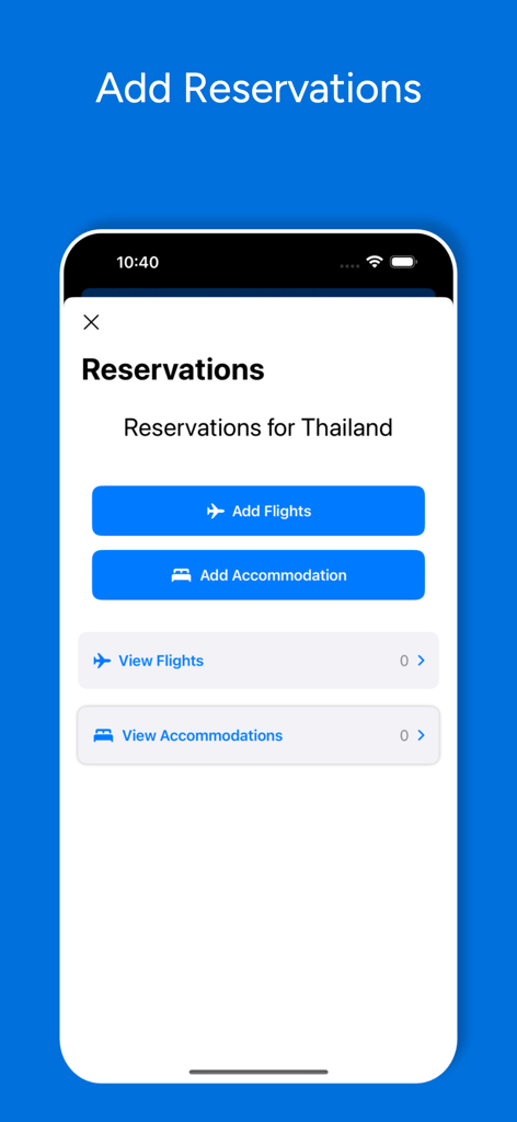 Easy Trip Planner mobile app screen for managing flight and accommodation reservations for a trip to Thailand