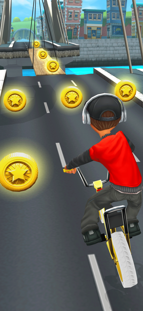 Un niño con una sudadera roja montando una bicicleta BMX en un puente de la ciudad mientras recoge monedas de estrellas doradas.