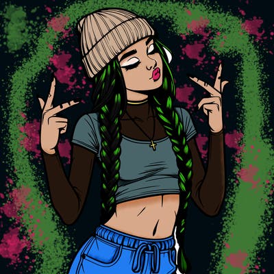 realistic teenage girl with braids and a beanie and crop top doing 🫶🏼