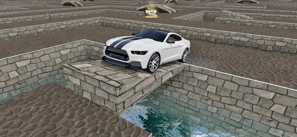 Customs Restore Cars Garage 3D - A white sports car with black racing stripes driving across a stone bridge within a complex stone maze environment.