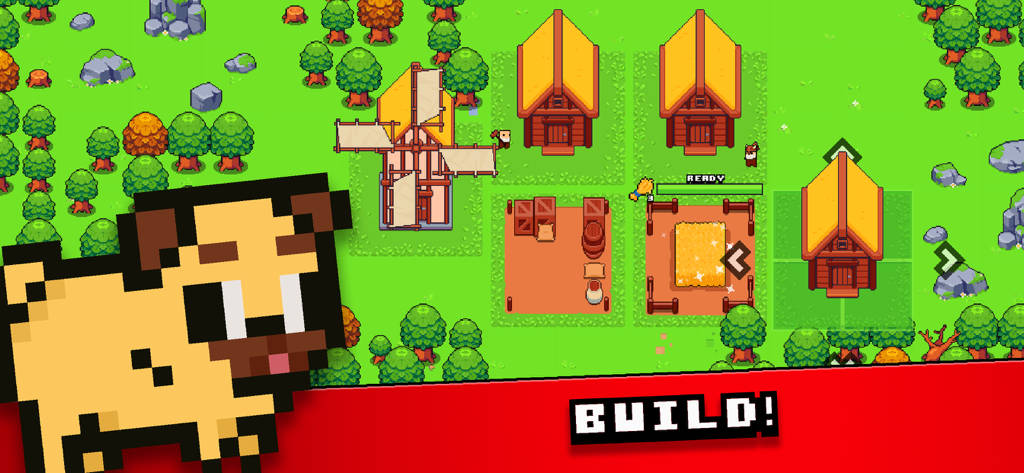 Pixel Tribe - Escena de construcción de una aldea vikinga de arte pixelado en Pixel Tribe, mostrando casas, un molino de viento y un área de granja.